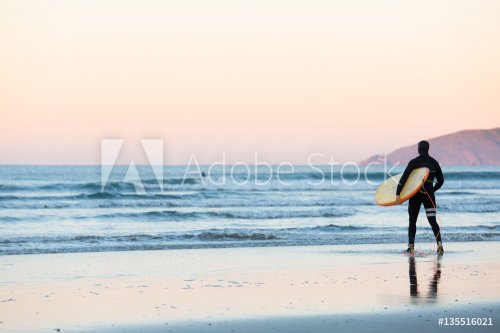 Surfer with surfboard and wetsuit walks towards the water at sunrise in Pismo... - 901148793