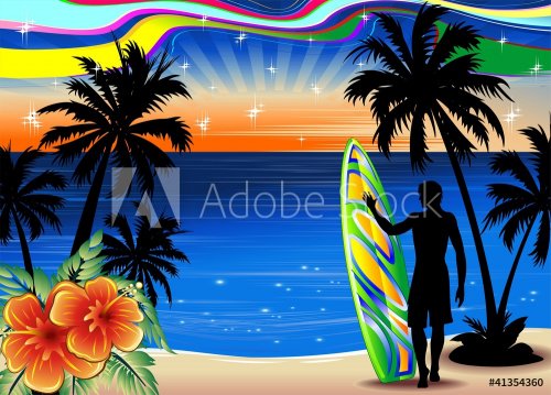 Surfista su Spiaggia Esotica-Surfer on Tropical Beach-Vector - 900469219