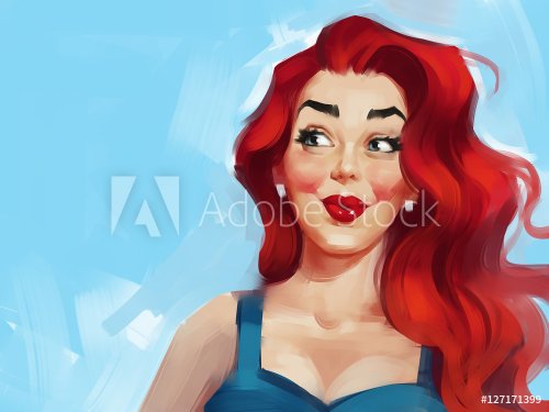 Surprised Pin up woman with a red cheeks isolated on a blue background. Retro... - 901148255
