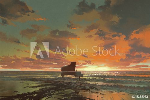 surreal painting of melting black piano on the beach at sunset, illustration art