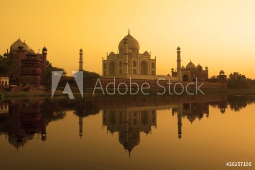 Taj Mahal sunset reflection, Yamuna River. - 900071736