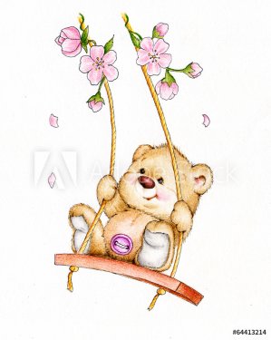 Teddy bear swinging on swing - 901148248