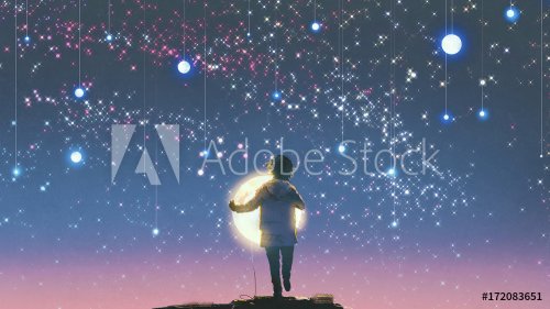 the boy holding glowing moon standing against hanging stars in the beautiful ... - 901153849