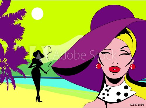 The glamour lady on big violet hat at seacoast pop-art style - 900464283