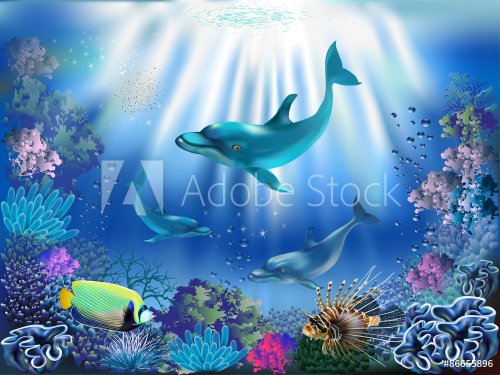 The underwater world with dolphins and plants  - 901144578