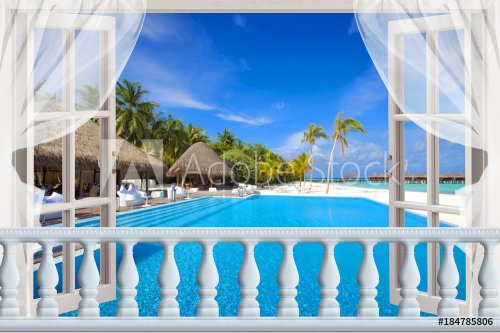 The view from the window of the beach and swimming pool cottage. Wallpaper for the walls. 3D rendering.