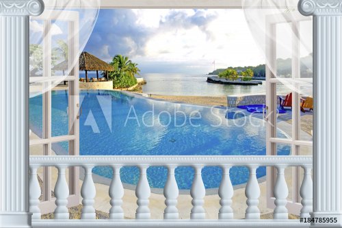 The view from the window of the beach and swimming pool cottage. Wallpaper for the walls. 3D rendering.