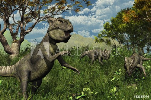 Three Archaeoceratops Dinosaurs Exploring - 3d render