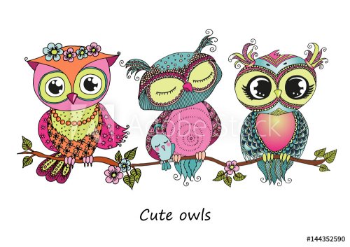 Three cute colorful owls sitting on tree branch