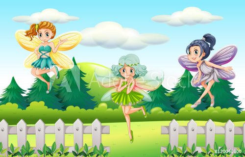 Three fairies flying in garden