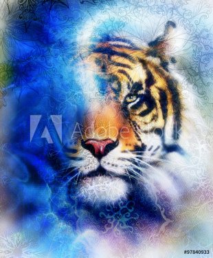 tiger collage on color abstract background and mandala with ornament, painting wildlife animals.