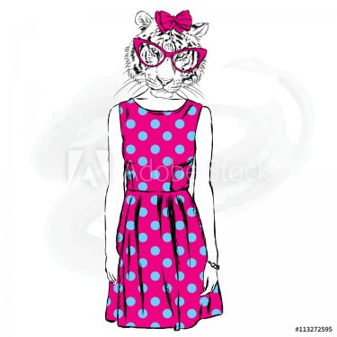 Tigress hipster in a dress.  Fashion & Style. Hipster in summer clothes. - 901147700