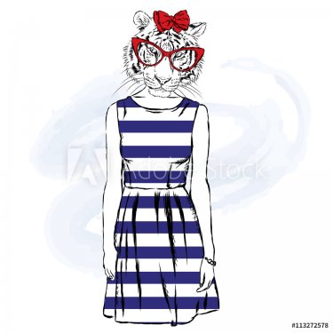 Tigress hipster in a dress.  Fashion & Style. Hipster in summer clothes. - 901147701