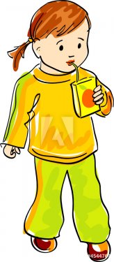 Toddler girl drinking fruit juice. Artistic vector illustration.