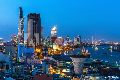 Top view of Ho Chi Minh City at night time, Vietnam.