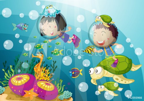 tortoise and kids in deep water - 900460532