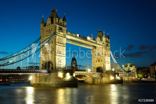 Tower Bridge from the North Bank at dusk, London, UK - 900059697