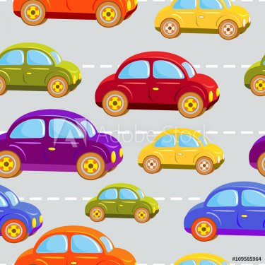 Toy car. Kids cars of all colors of the rainbow. Traffic jams.  Seamless vector pattern.