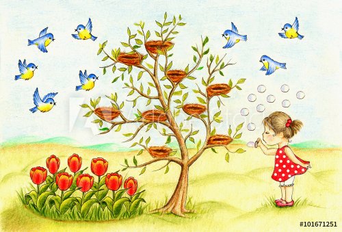 Tree with 9 nests, 8 birds, 8 flowers, and girl blowing 9 bubbles - 901148250