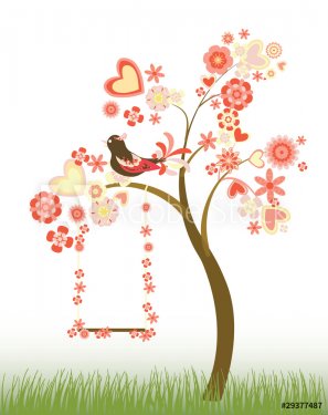 tree with hearts and flowers and a swing - 900458645