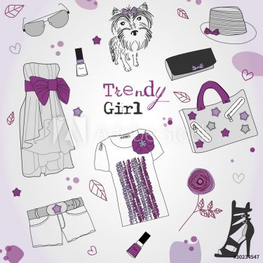 Trendy violet girl set, stylized doodles