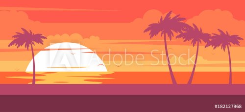 Tropical beach with palm trees and sea - summer resort at sunset - 901152349