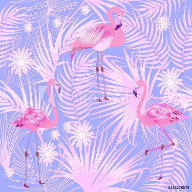 Tropical leaves and flamingo seamless pattern, vector - 901152381
