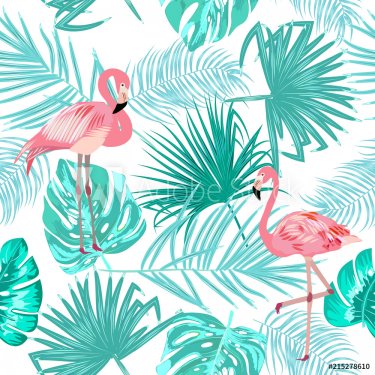 Tropical leaves and flamingo seamless pattern, vector
