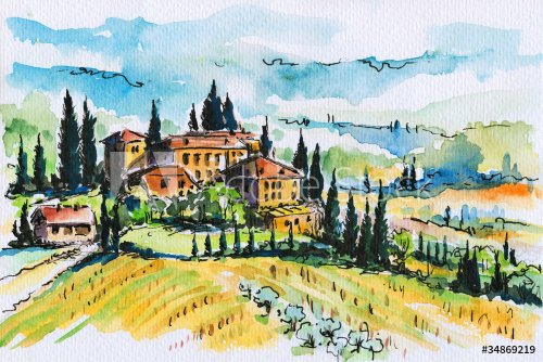 Tuscany landscape-watercolors - 900899439