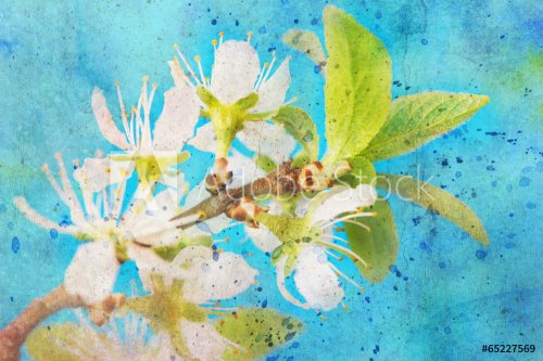Twig with flowers and messy watercolor splatter - 901143028