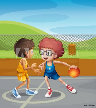 Two boys playing basketball at the court