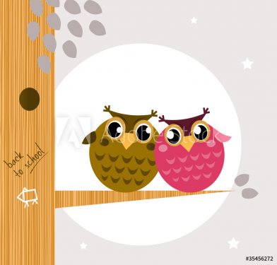 Two cute owl friends sitting on the branch.