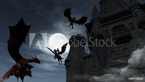Two Red Dragons attacking the castle at night - 901146563