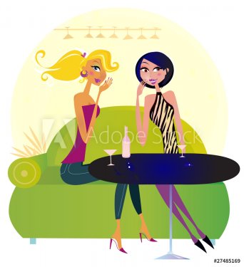 Two women in a trendy night club sharing gossip.  VECTOR - 900706088