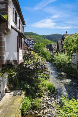 Typical houses bordering the river Weiss in Kaysersberg