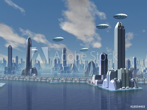 UFO over Futuristic Alien City - 900462476