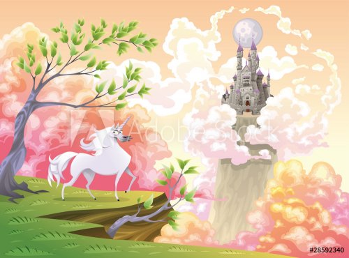 Unicorn and mythological landscape. Vector illustration - 900455721