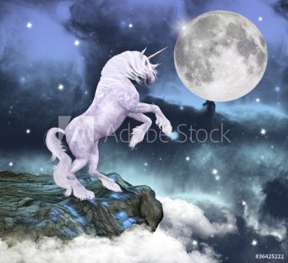 Unicorno in uno scenario incantato