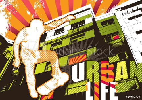 Urban life poster with skateboarder. Vector illustration.