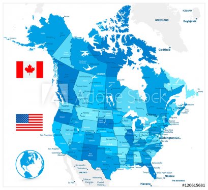 USA and Canada large detailed political map in colors of blue - 901149095