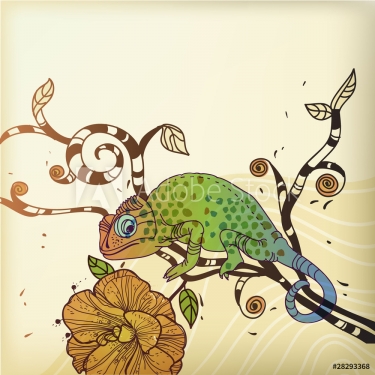 vector background with a chameleon and a desert flower