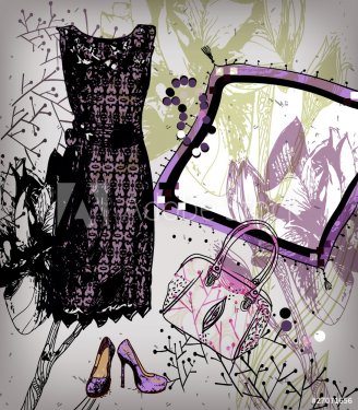vector background with a lacy dress , shoes and  jeveilries - 900511169