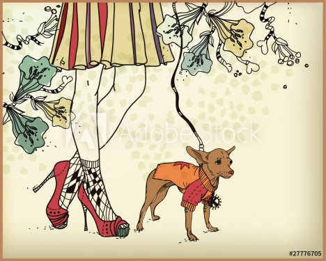 vector background with  a little dog ,female legs and flowers - 900511174