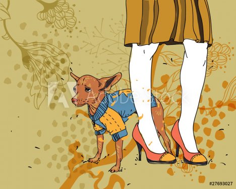 vector background with  a little dog ,female legs and flowers