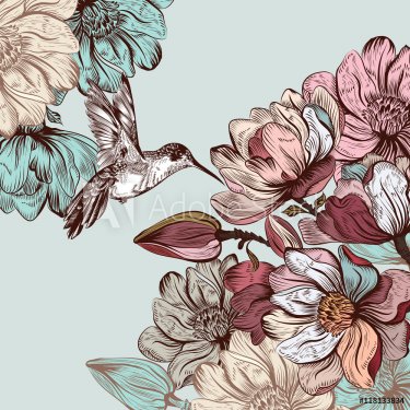 Vector background with magnolia flowers and bird in engraved sty