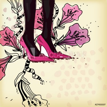 vector background with  red shoes and fantasy  flowers - 900511253