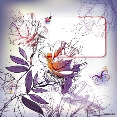 vector card with hand drawn flowers and insects - 900511195