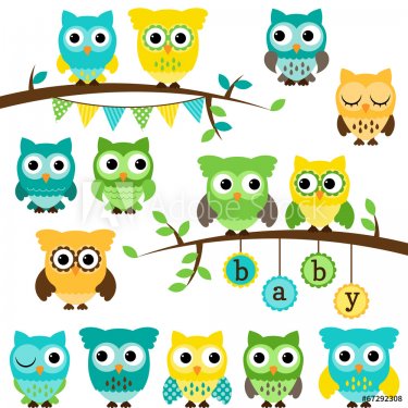 Vector Collection of Gender Neutral Baby Shower Themed Owls and  - 901145434