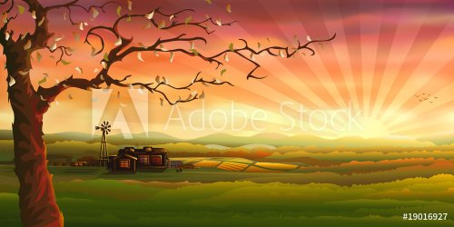Vector countryside panorama in the evening - 900459742
