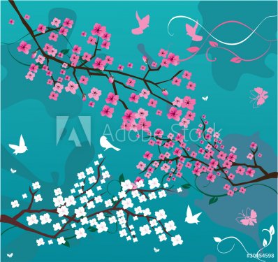 vector floral branches with birds and butterflies - 901142566